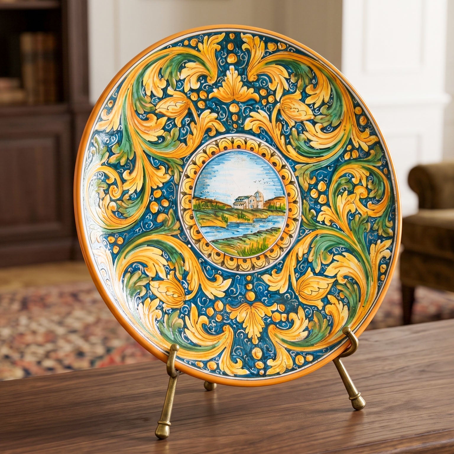 Piatto Ornamentale, Paesaggio, Ornato Calatino. Ceramica siciliana di Caltagirone, Sofia