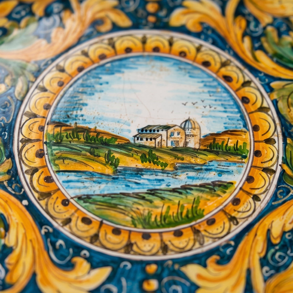 Piatto Ornamentale, Paesaggio, Ornato Calatino. Ceramica siciliana di Caltagirone, Sofia