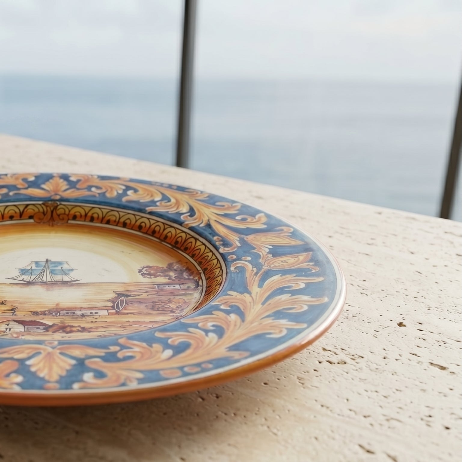 Piatto Cappello Prete, Veliero, Ornato Fondo Blu. Ceramica siciliana di Caltagirone, Sofia