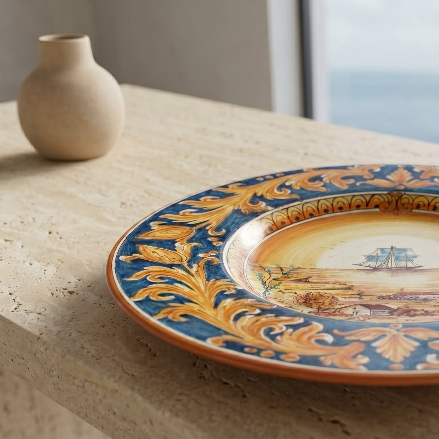 Piatto Cappello Prete, Veliero, Ornato Fondo Blu. Ceramica siciliana di Caltagirone, Sofia