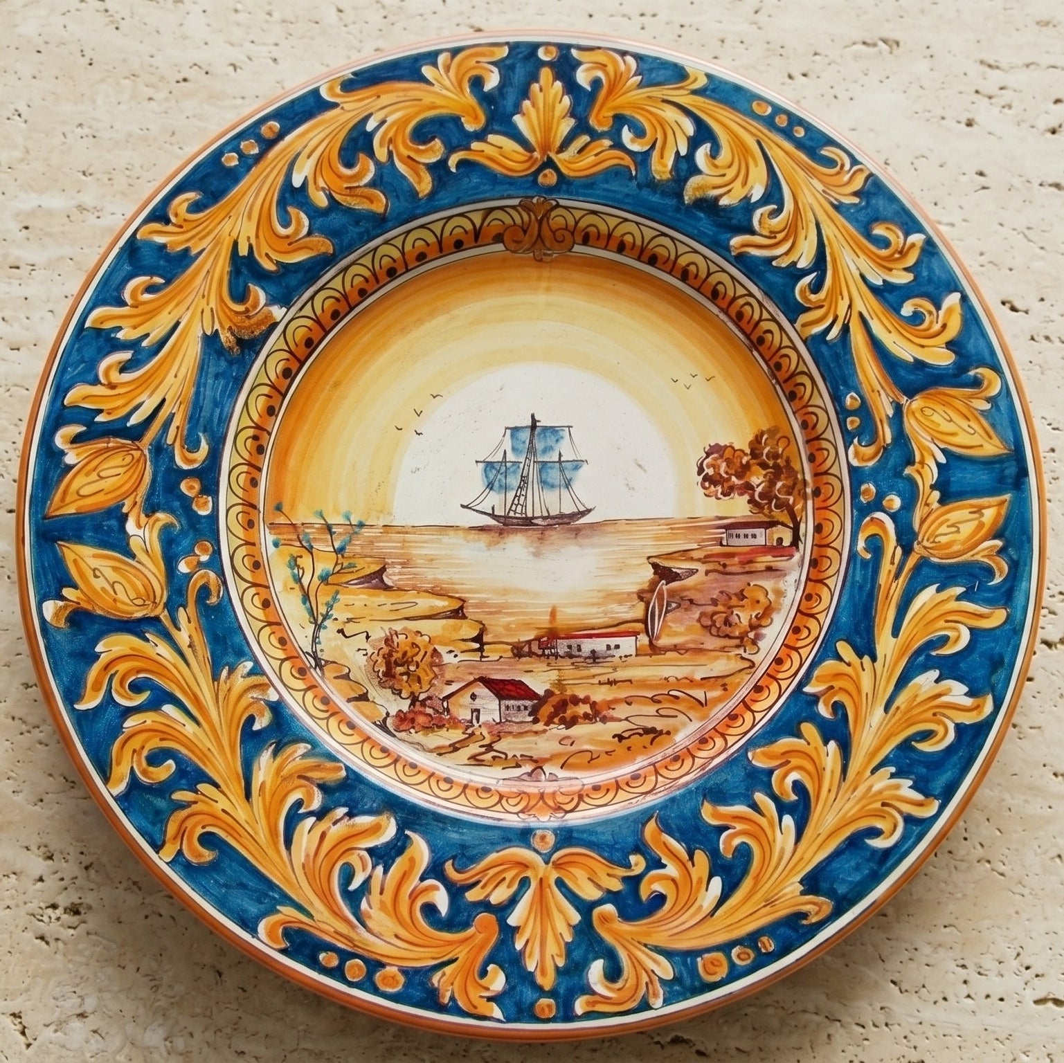 Piatto Cappello Prete, Veliero, Ornato Fondo Blu. Ceramica siciliana di Caltagirone, Sofia