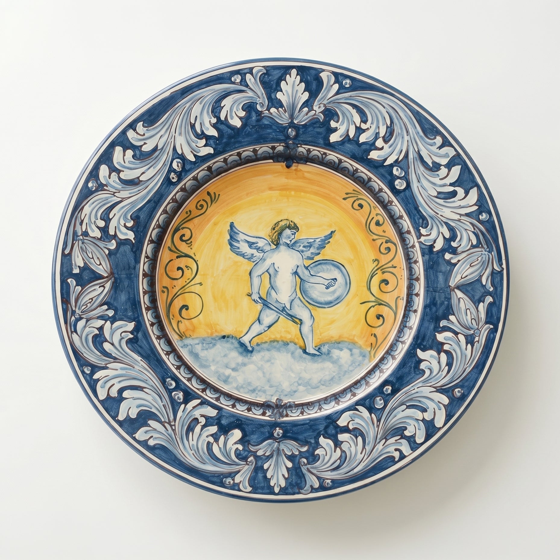 Piatto Cappello Prete, Soldato Angelico, Mono Blu. Ceramica siciliana di Caltagirone, Sofia