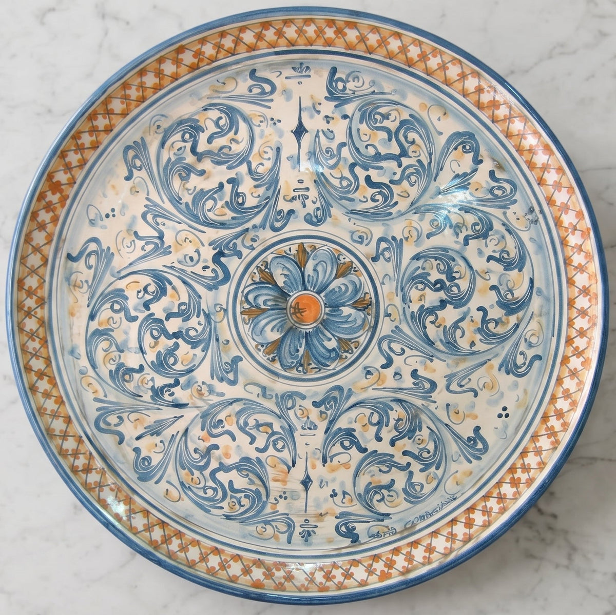 Piatto Ornamentale, Blu e Arancio, Serie d'Arte. Ceramica siciliana di Caltagirone, Sofia