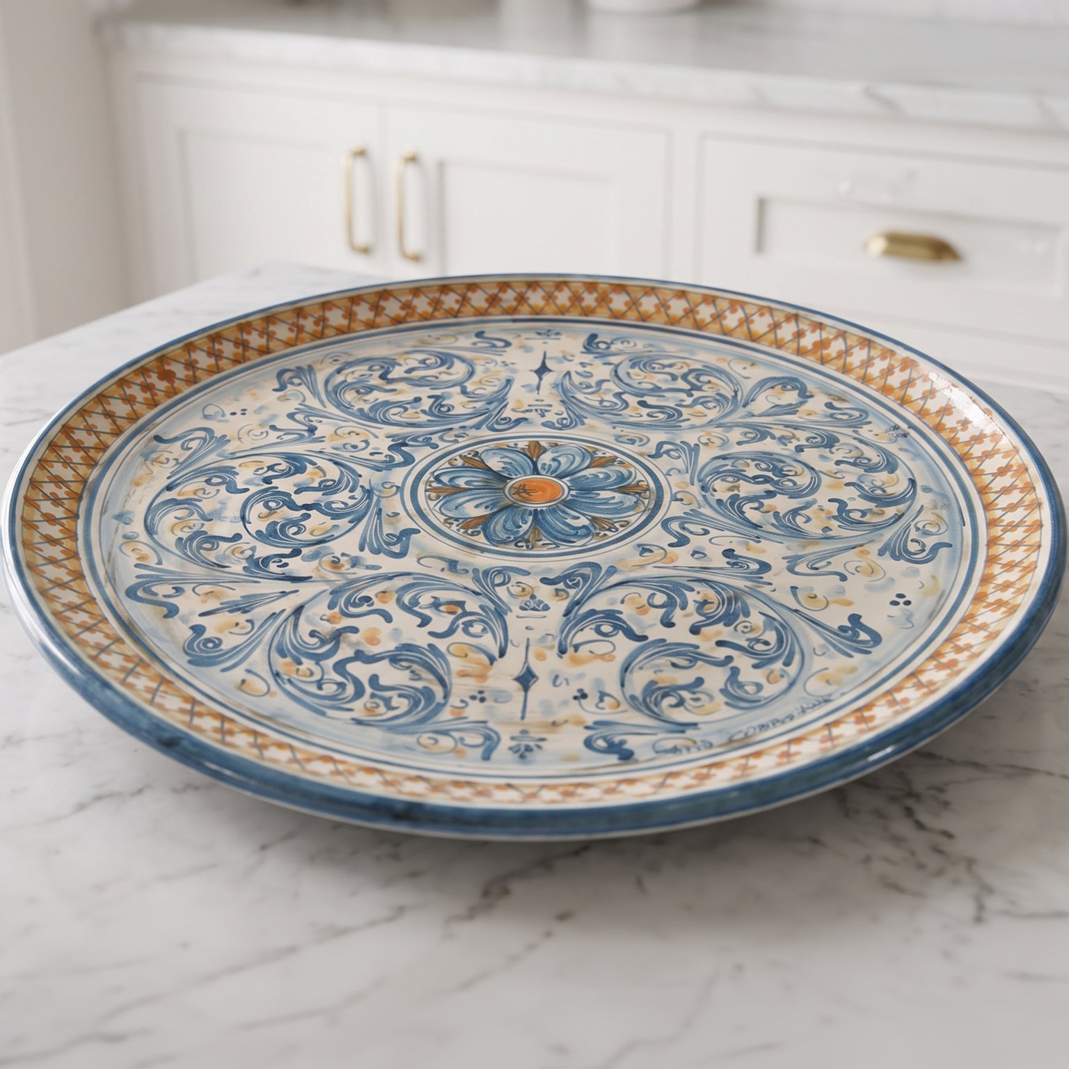 Piatto Ornamentale, Blu e Arancio, Serie d'Arte. Ceramica siciliana di Caltagirone, Sofia