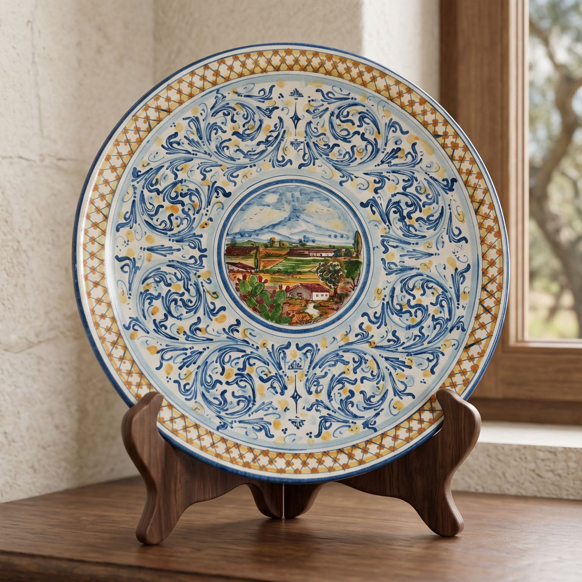 Piatto Ornamentale, Blu e Arancio, Serie d'Arte. Ceramica siciliana di Caltagirone, Sofia