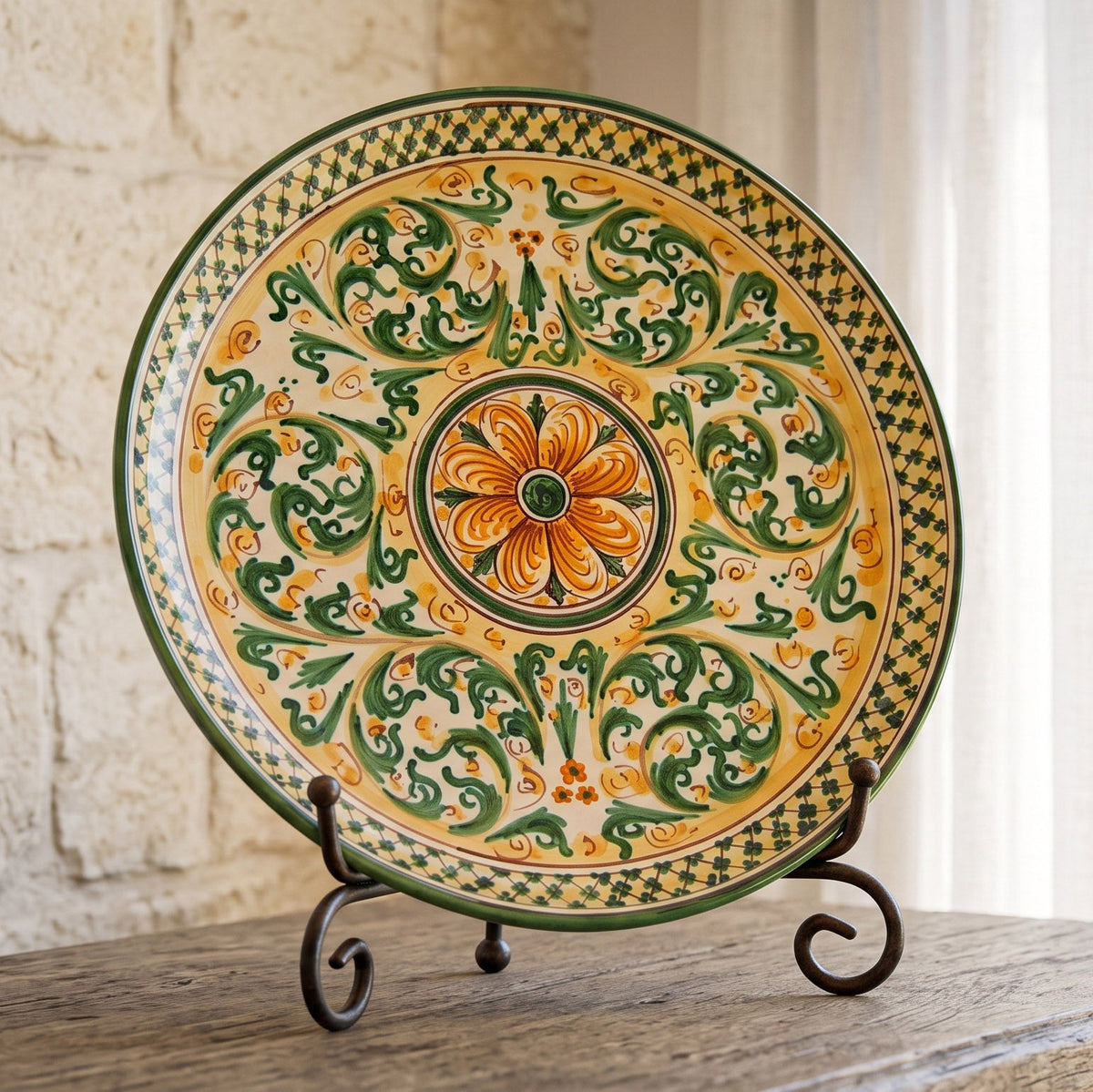 Piatto Ornamentale, Verde e Arancio, Serie d'Arte. Ceramiche Sofia, Caltagirone