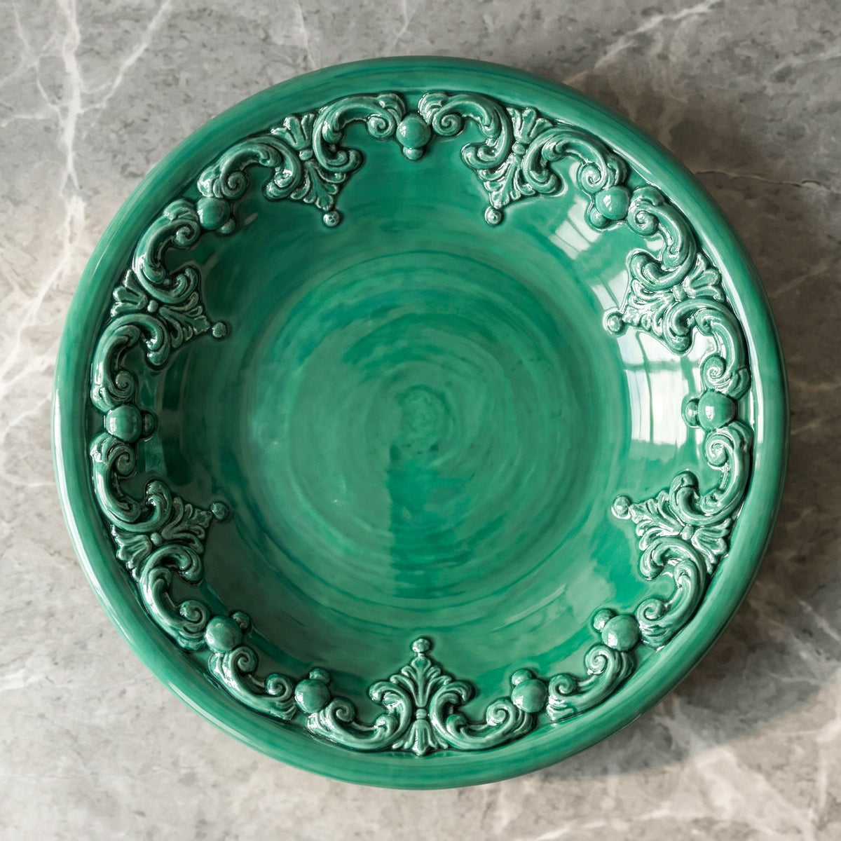 Piatto Svuota Tasche, Plastico Sofia, Verde Smeraldo. Ceramica siciliana di Caltagirone