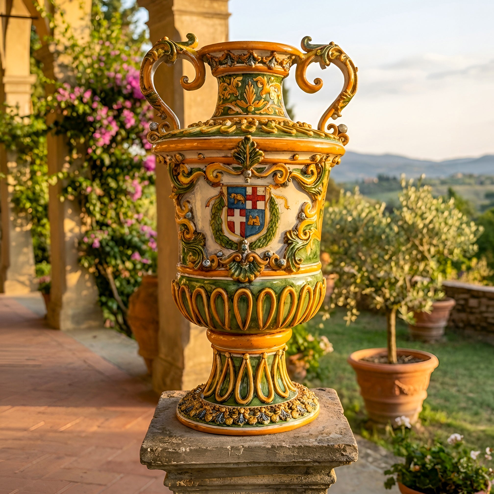 Vaso Monumentale, Ornato Fondo Verde, Stemma Malta, Serie Limitata. Ceramiche Sofia, Caltagirone