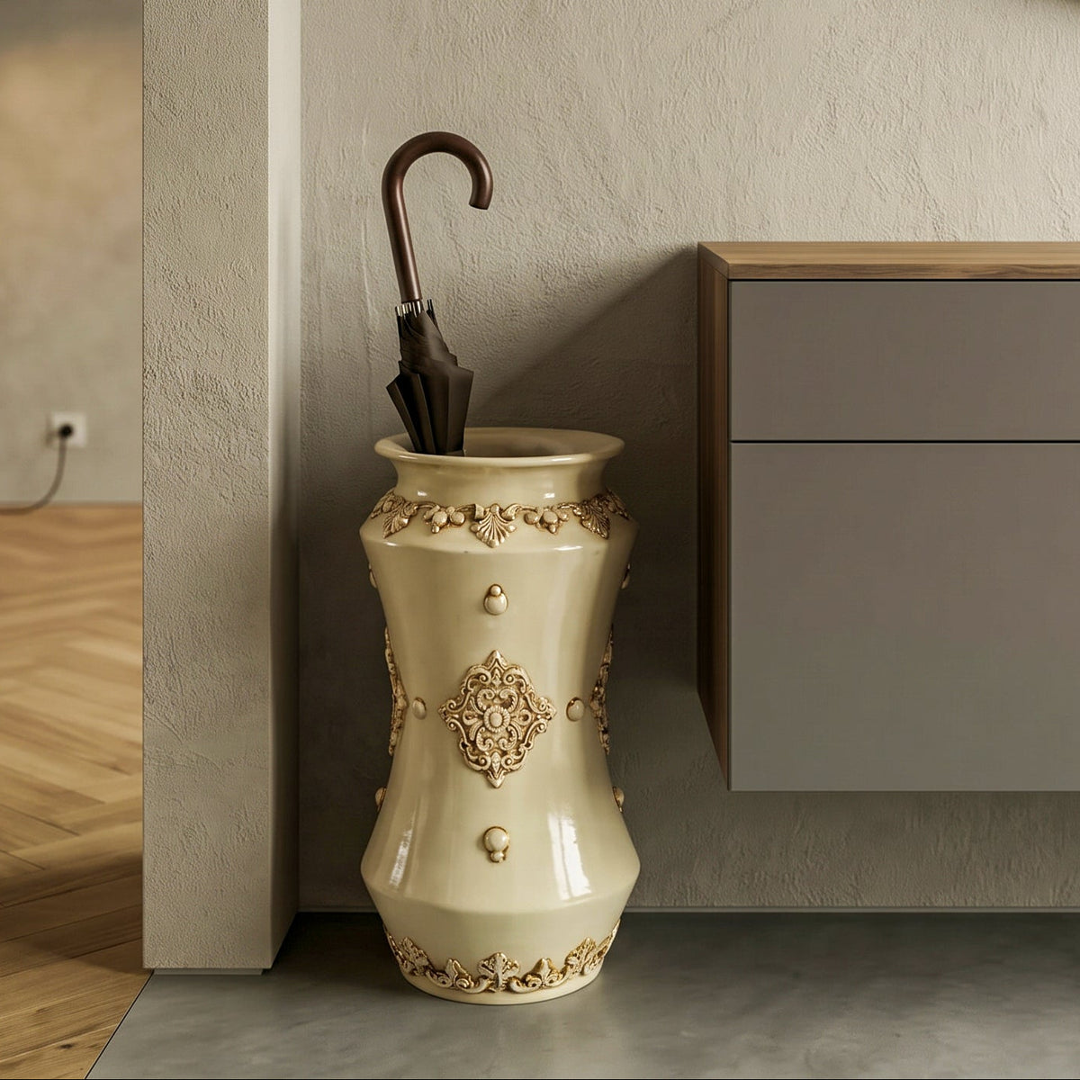 Portaombrelli Albarello in Ceramica di Caltagirone h 50 cm - Plastico Sofia, Avorio