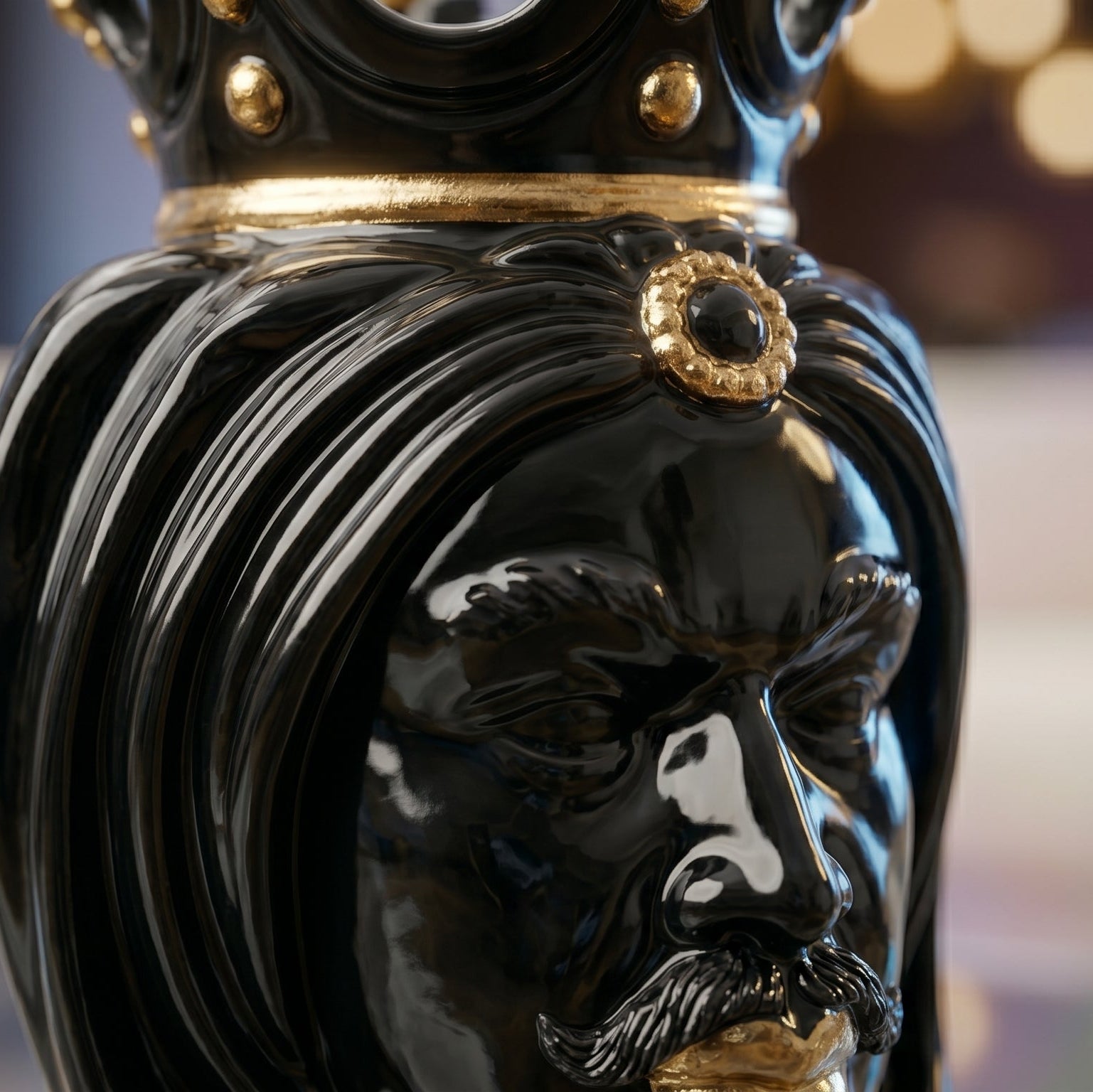 Testa di Moro, Donna, Black and Gold, corona, oro zecchino. Ceramica siciliana di Caltagirone, Sofia
