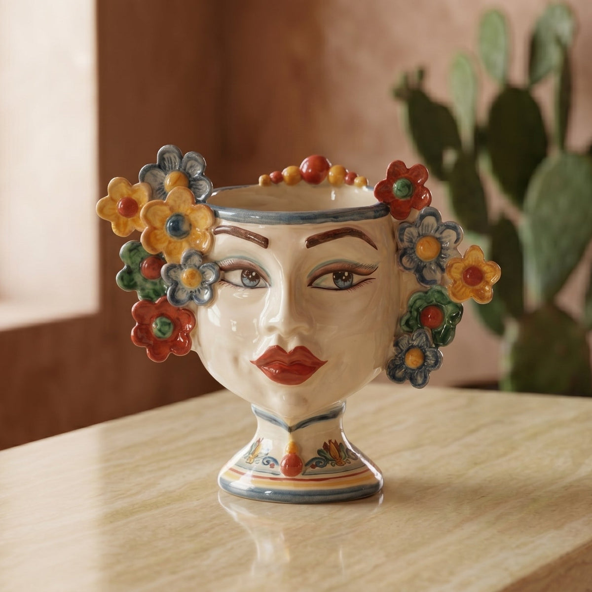 Testa di Moro con Fiori, Donna, Decoro Sicily, volto, labbra. Ceramiche Sofia, Caltagirone