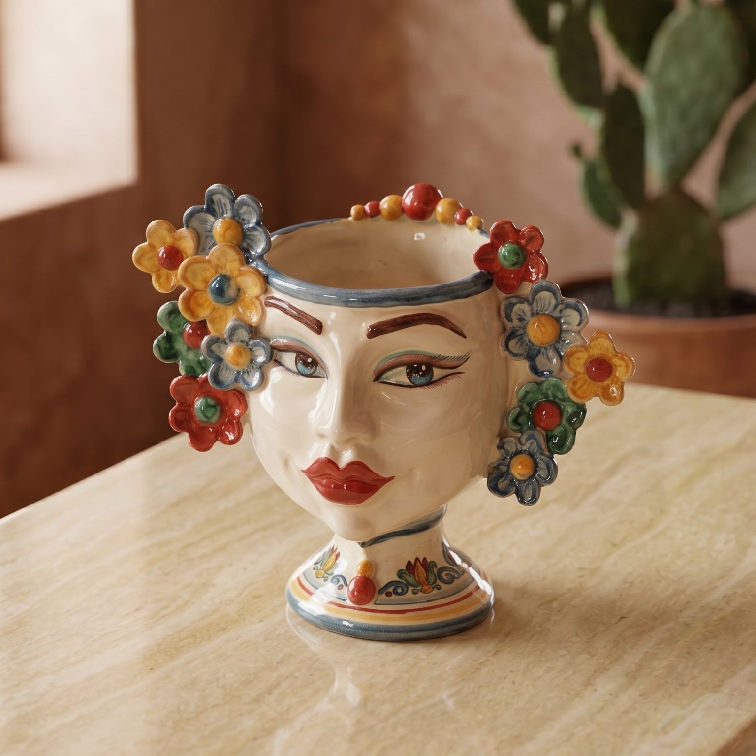 Testa di Moro con Fiori, Donna, Decoro Sicily, volto, labbra. Ceramiche Sofia, Caltagirone