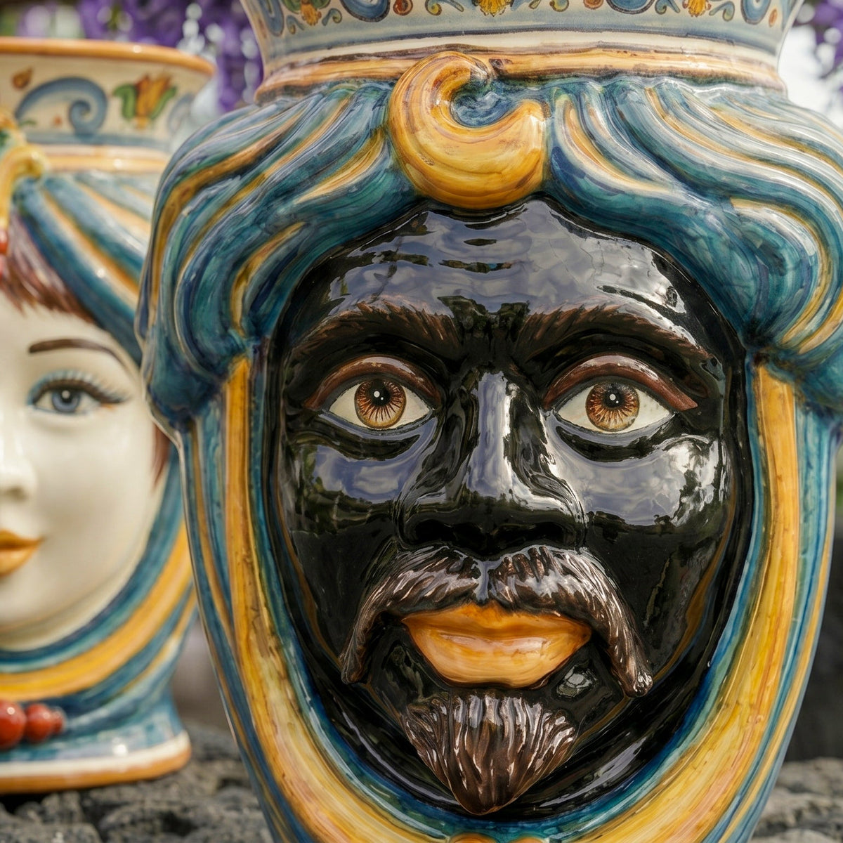 Testa di Moro, Maschio senza corona, Decoro Sicily, decoro barocco, volto. Ceramiche Sofia, Caltagirone