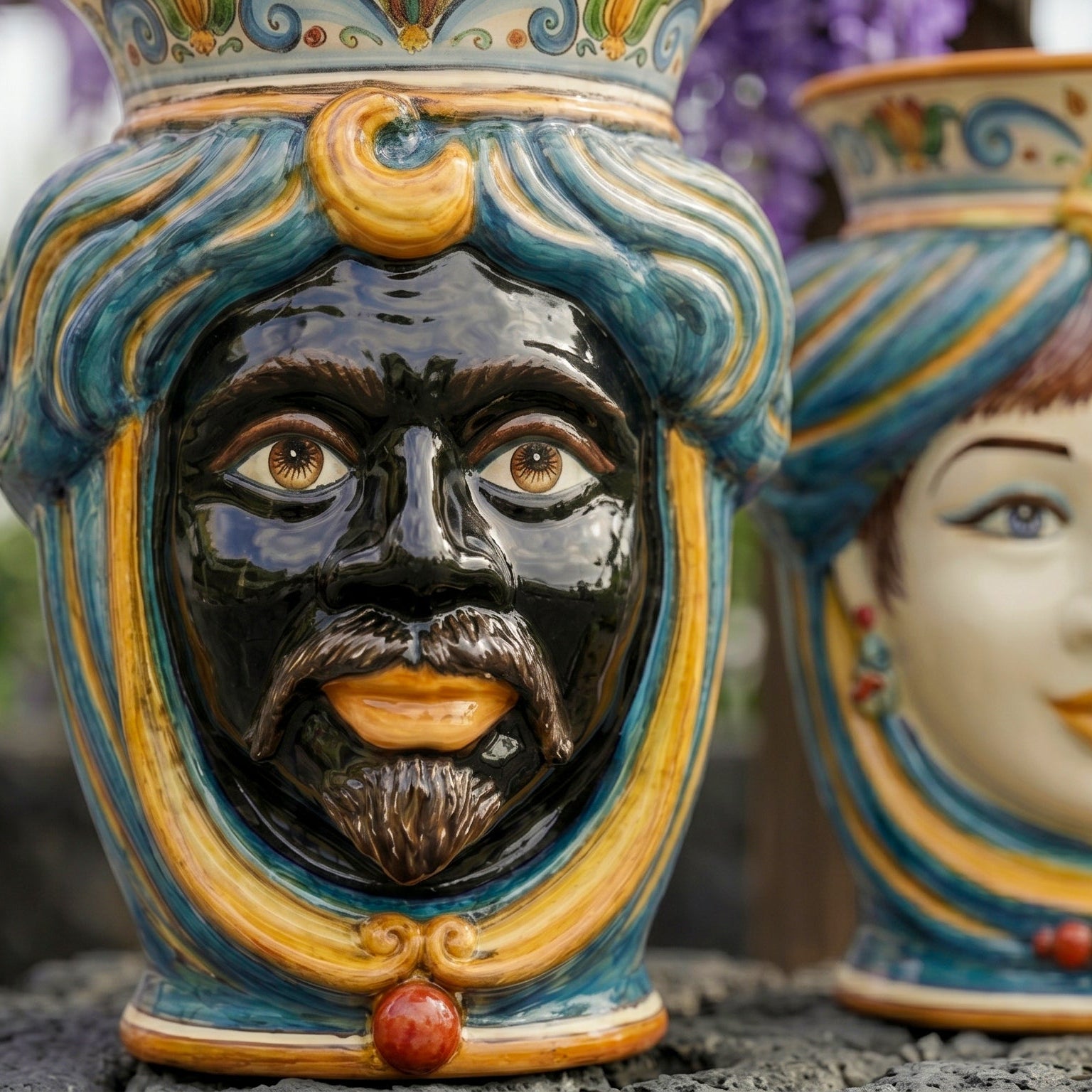 Testa di Moro, Maschio senza corona, Decoro Sicily, decoro barocco, volto. Ceramiche Sofia, Caltagirone