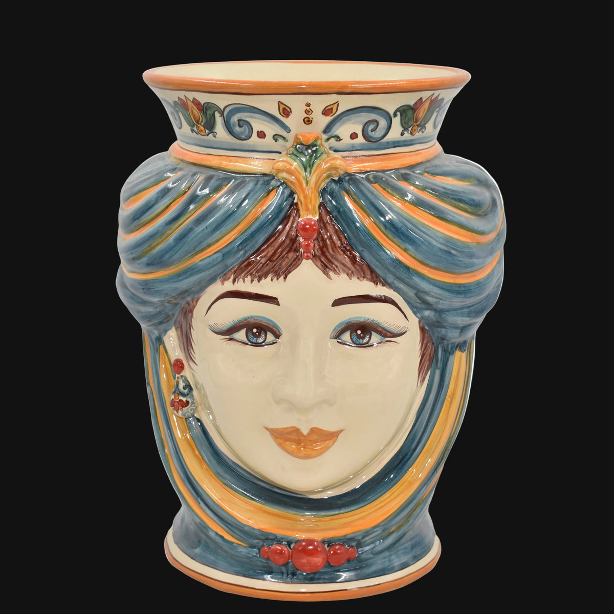 Testa di Moro, Femmina senza corona, Decoro Sicily, decoro barocco, turbante. Ceramica siciliana di Caltagirone, Sofia