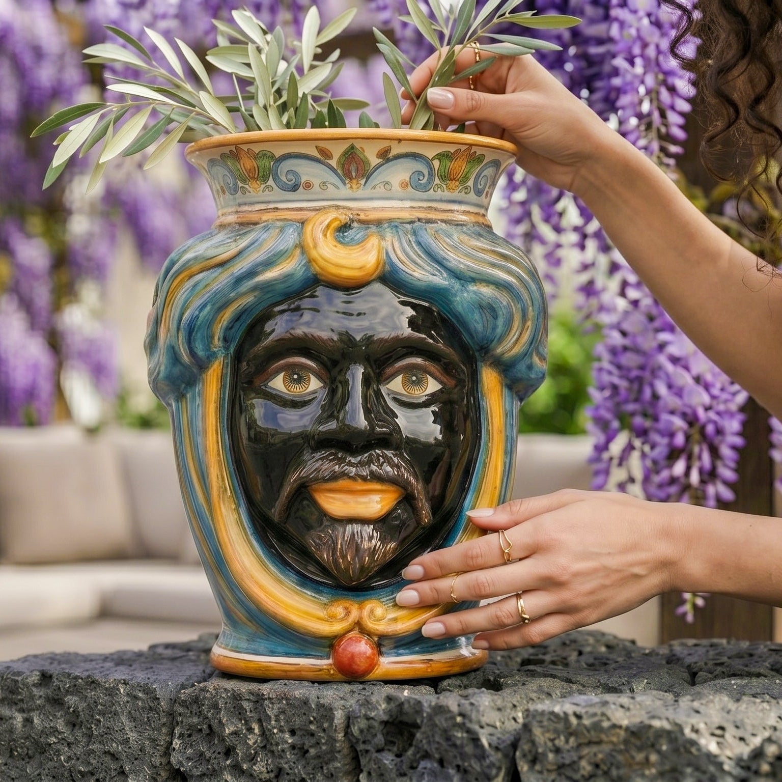 Testa di Moro, Maschio senza corona, Decoro Sicily, decoro barocco, volto. Ceramiche Sofia, Caltagirone