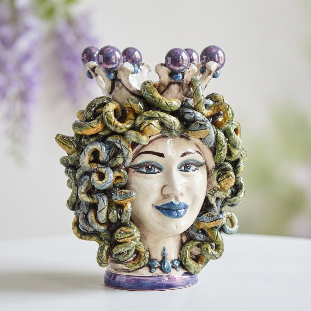 Testa Medusa, Lustro Glicine, chioma di serpenti. Ceramica siciliana di Caltagirone, Sofia
