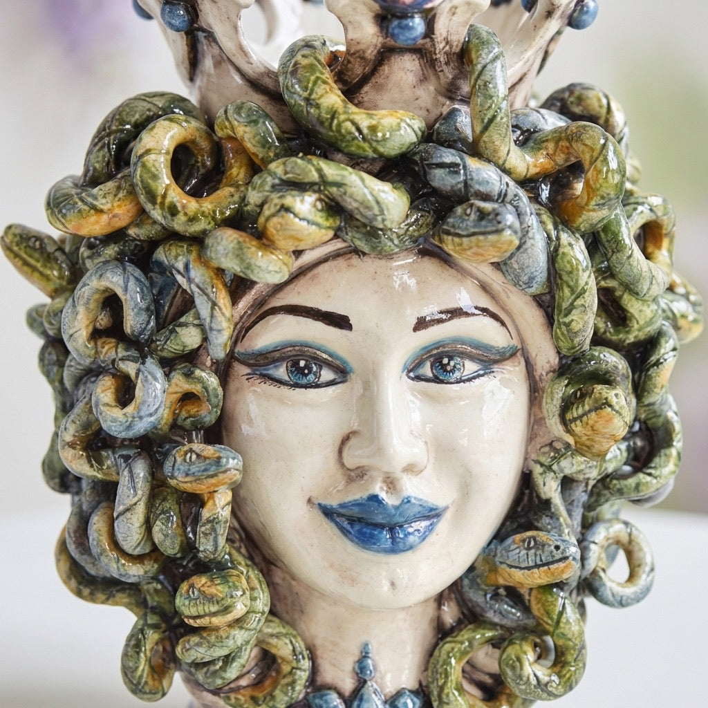Testa Medusa, Lustro Glicine, chioma di serpenti. Ceramica siciliana di Caltagirone, Sofia