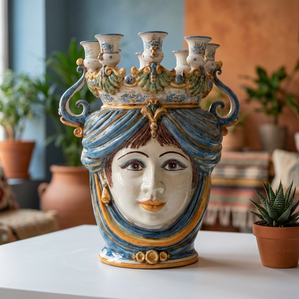 Testa di Moro a Candeliere, Donna, Blu e Arancio. Ceramiche Sofia, Caltagirone