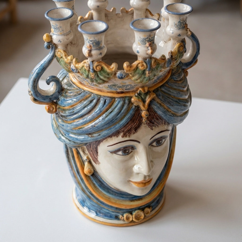 Testa di Moro a Candeliere, Donna, Blu e Arancio. Ceramiche Sofia, Caltagirone