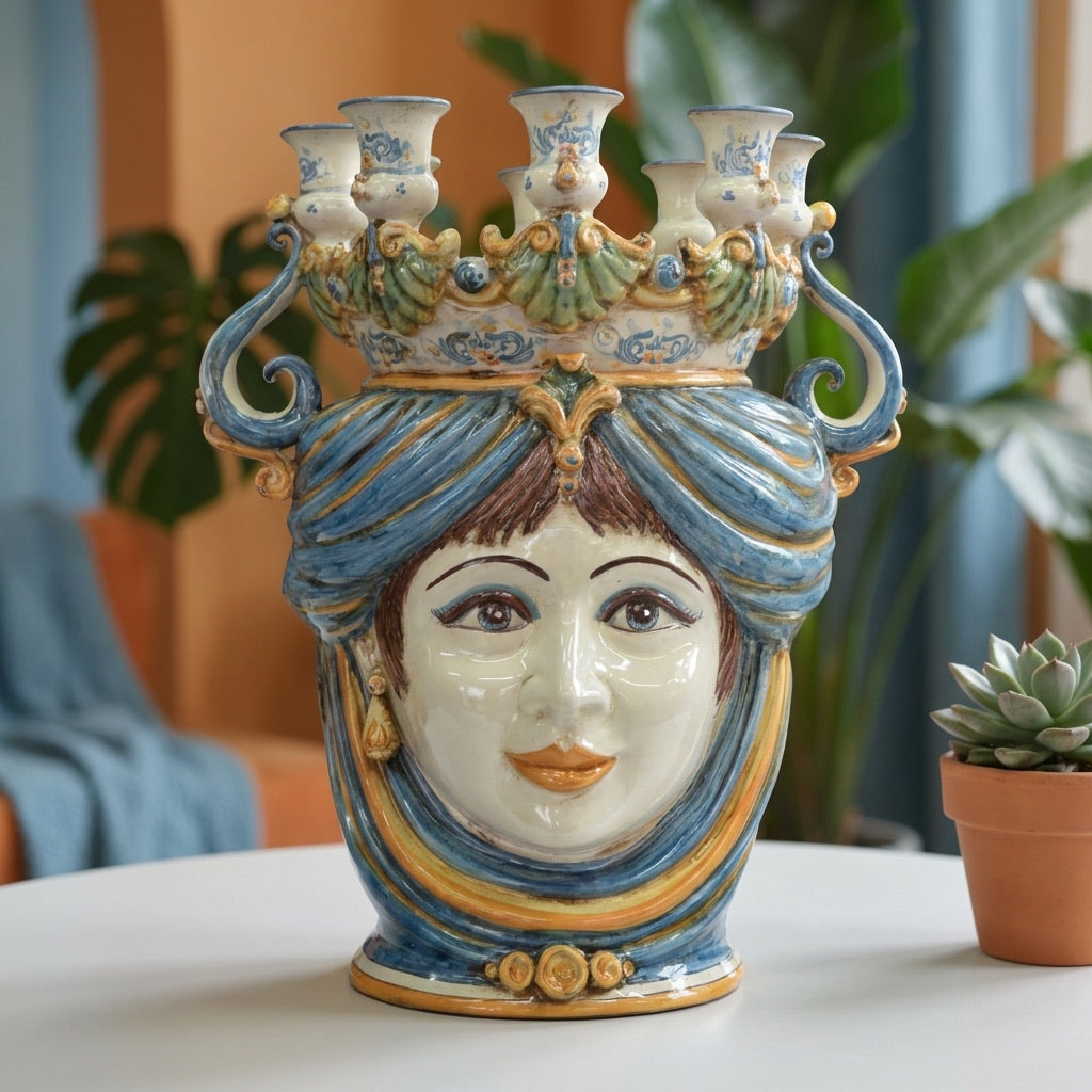 Testa di Moro a Candeliere, Donna, Blu e Arancio. Ceramiche Sofia, Caltagirone