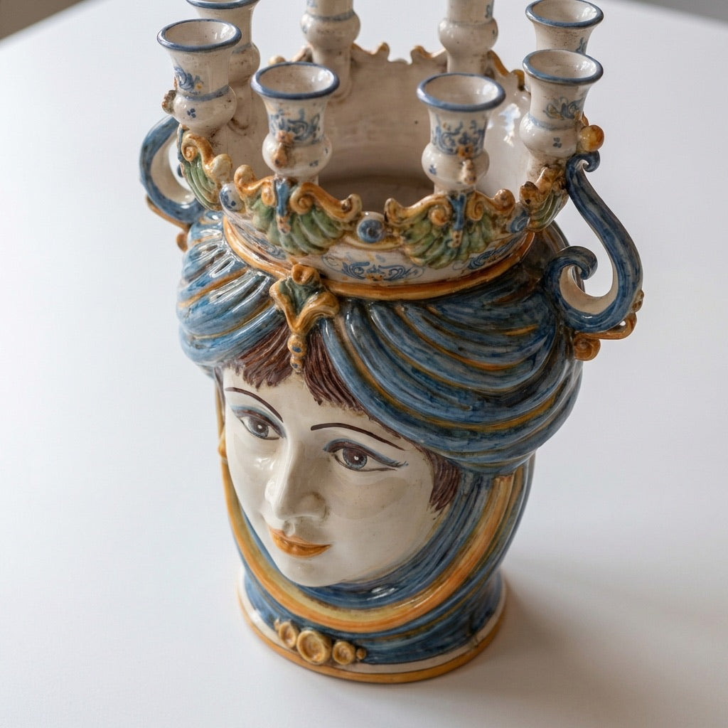 Testa di Moro a Candeliere, Donna, Blu e Arancio. Ceramiche Sofia, Caltagirone