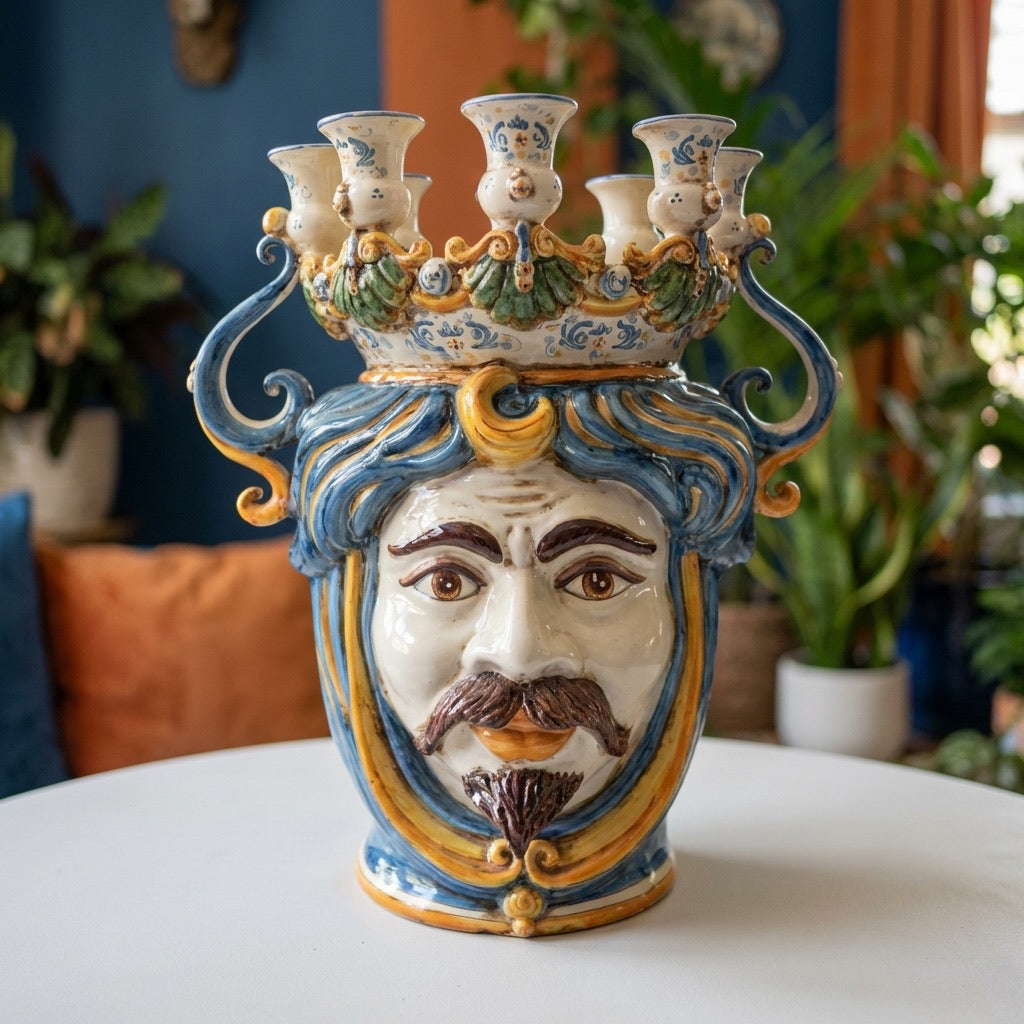 Testa di Moro a Candeliere, Maschio Bianco, Blu e Arancio. Ceramiche Sofia, Caltagirone