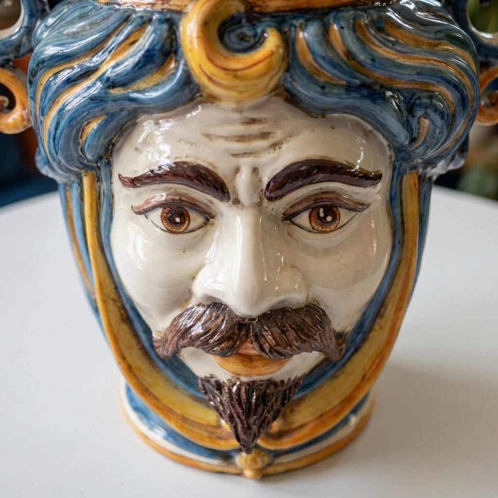 Testa di Moro a Candeliere, Maschio Bianco, Blu e Arancio. Ceramiche Sofia, Caltagirone