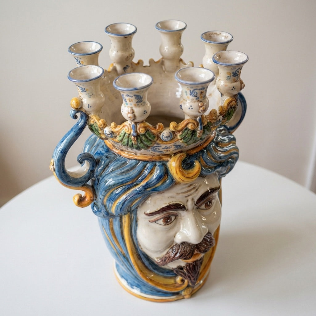 Testa di Moro a Candeliere, Maschio Bianco, Blu e Arancio. Ceramiche Sofia, Caltagirone