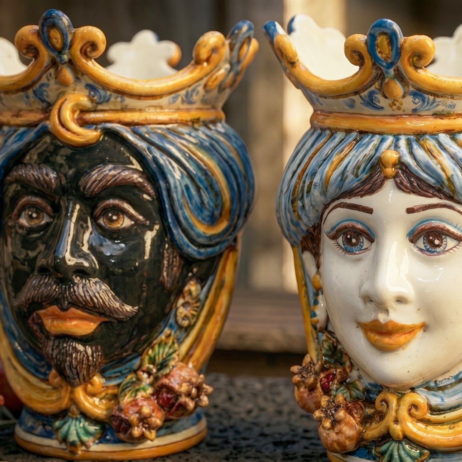 Testa di Moro con Melograni, Donna, Blu e Arancio, corona. Ceramica siciliana di Caltagirone, Sofia