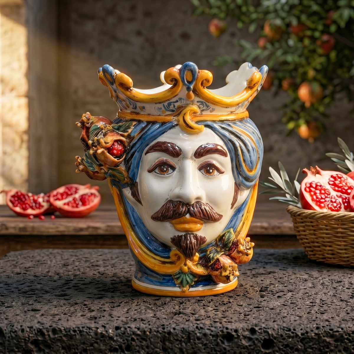 Testa di Moro con Melograni, Maschio Bianco, Blu e Arancio, corona. Ceramica siciliana di Caltagirone, Sofia