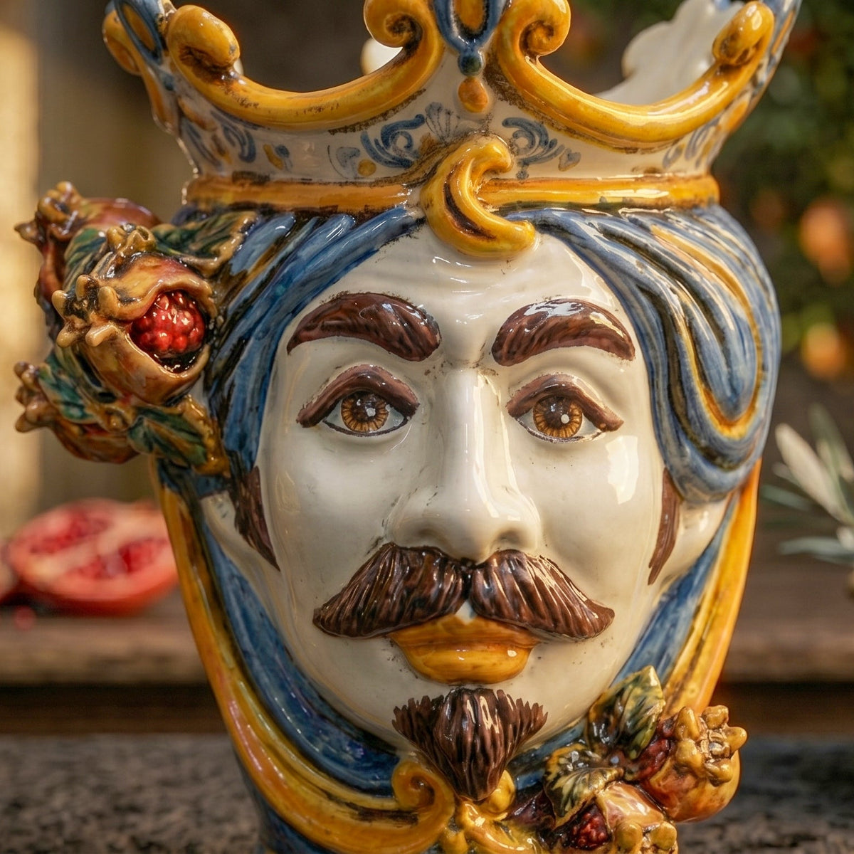 Testa di Moro con Melograni, Maschio Bianco, Blu e Arancio, corona. Ceramica siciliana di Caltagirone, Sofia