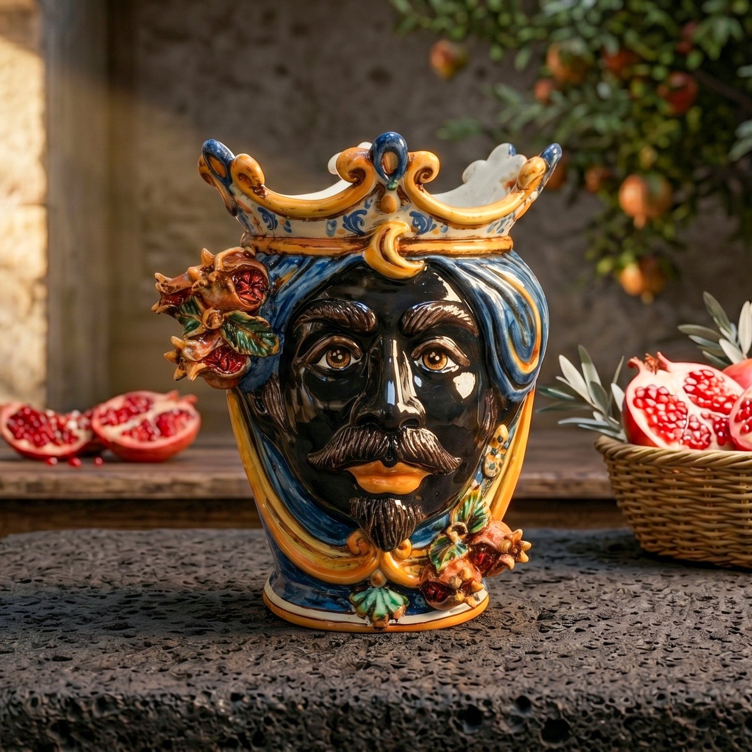 Testa di Moro con Melograni, Maschio Moro, Blu e Arancio, corona. Ceramiche Sofia, Caltagirone
