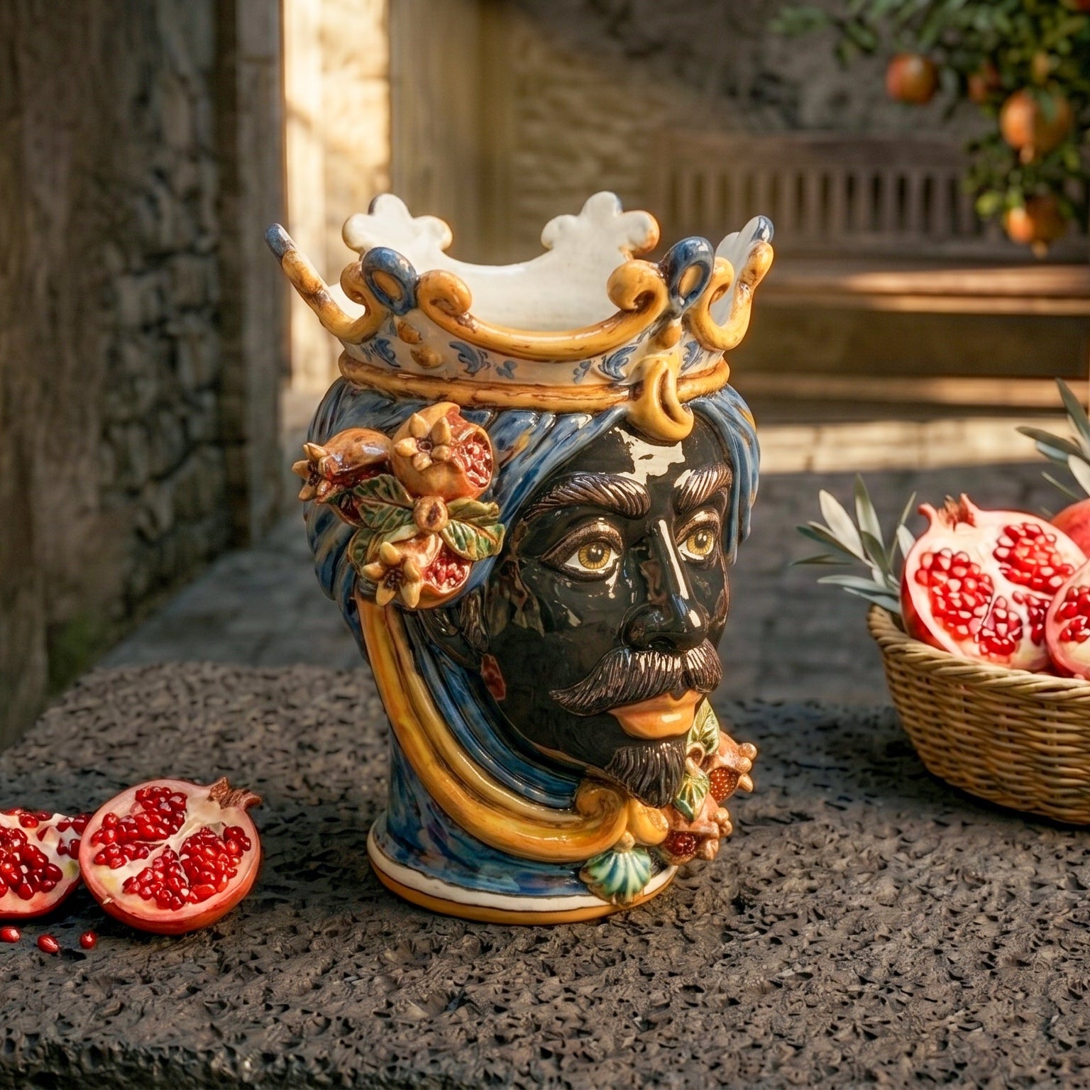 Testa di Moro con Melograni, Maschio Moro, Blu e Arancio, corona. Ceramiche Sofia, Caltagirone