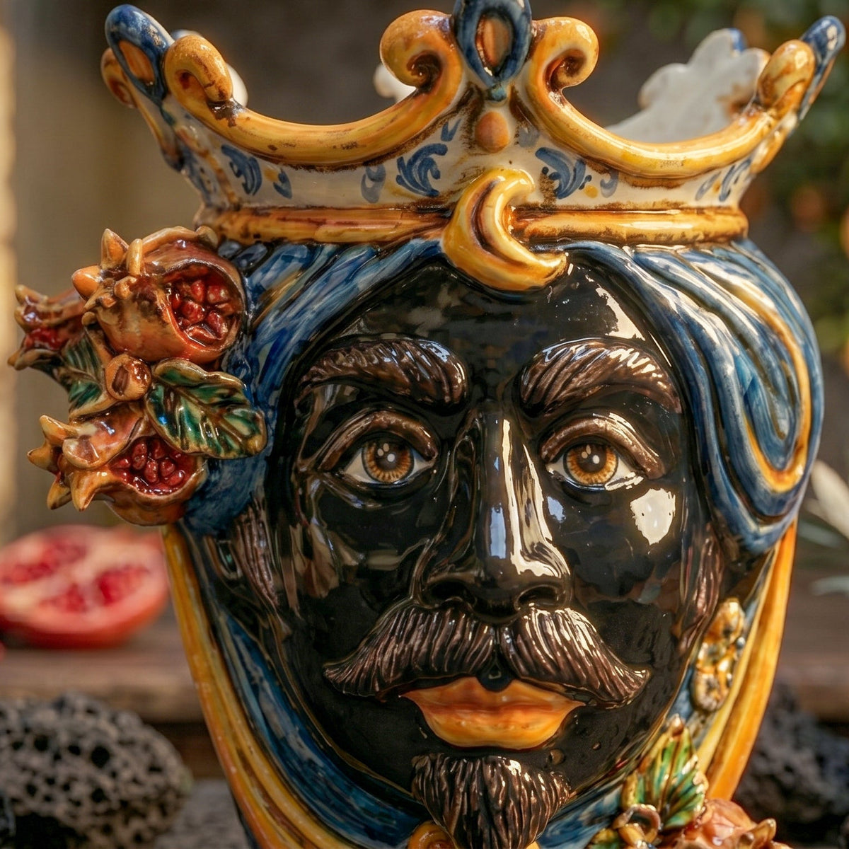 Testa di Moro con Melograni, Maschio Moro, Blu e Arancio, corona. Ceramiche Sofia, Caltagirone