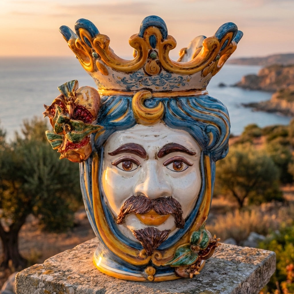 Testa di Moro con Melograni, Maschio Bianco, Blu e Arancio. Ceramiche Sofia, Caltagirone