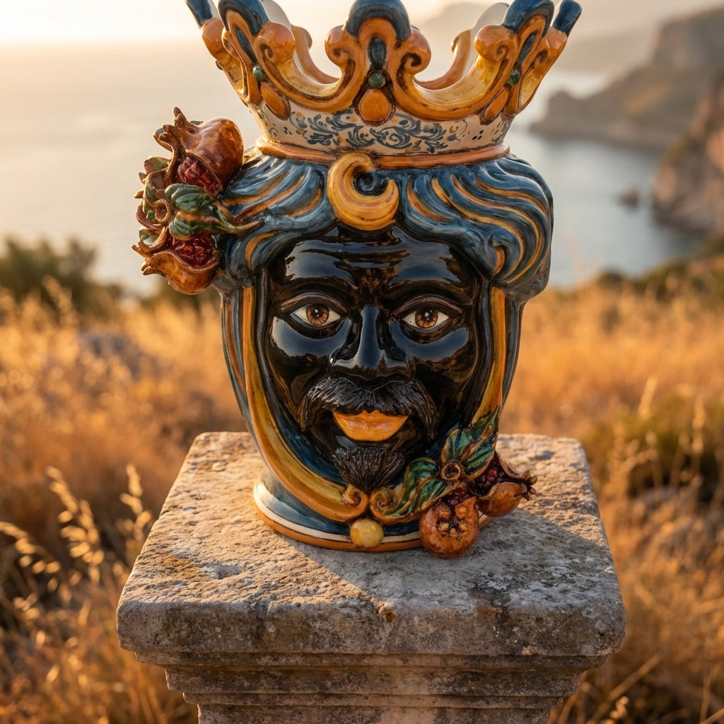 Testa di Moro con Melograni, Maschio Moro, Blu e Arancio. Ceramica siciliana di Caltagirone, Sofia