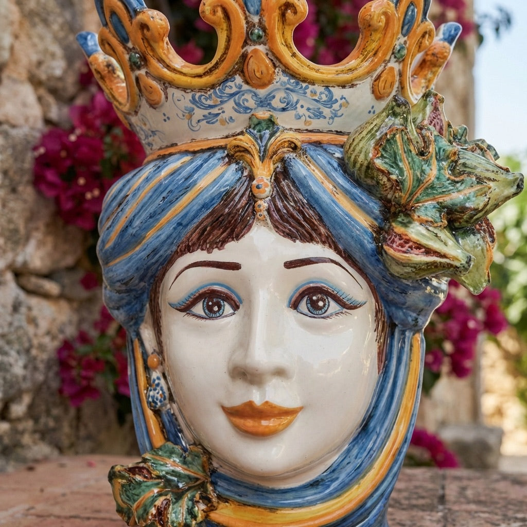 Testa di Moro con Fichi, Donna, Blu e Arancio, fico d'India in rilievo. Ceramiche Sofia, Caltagirone