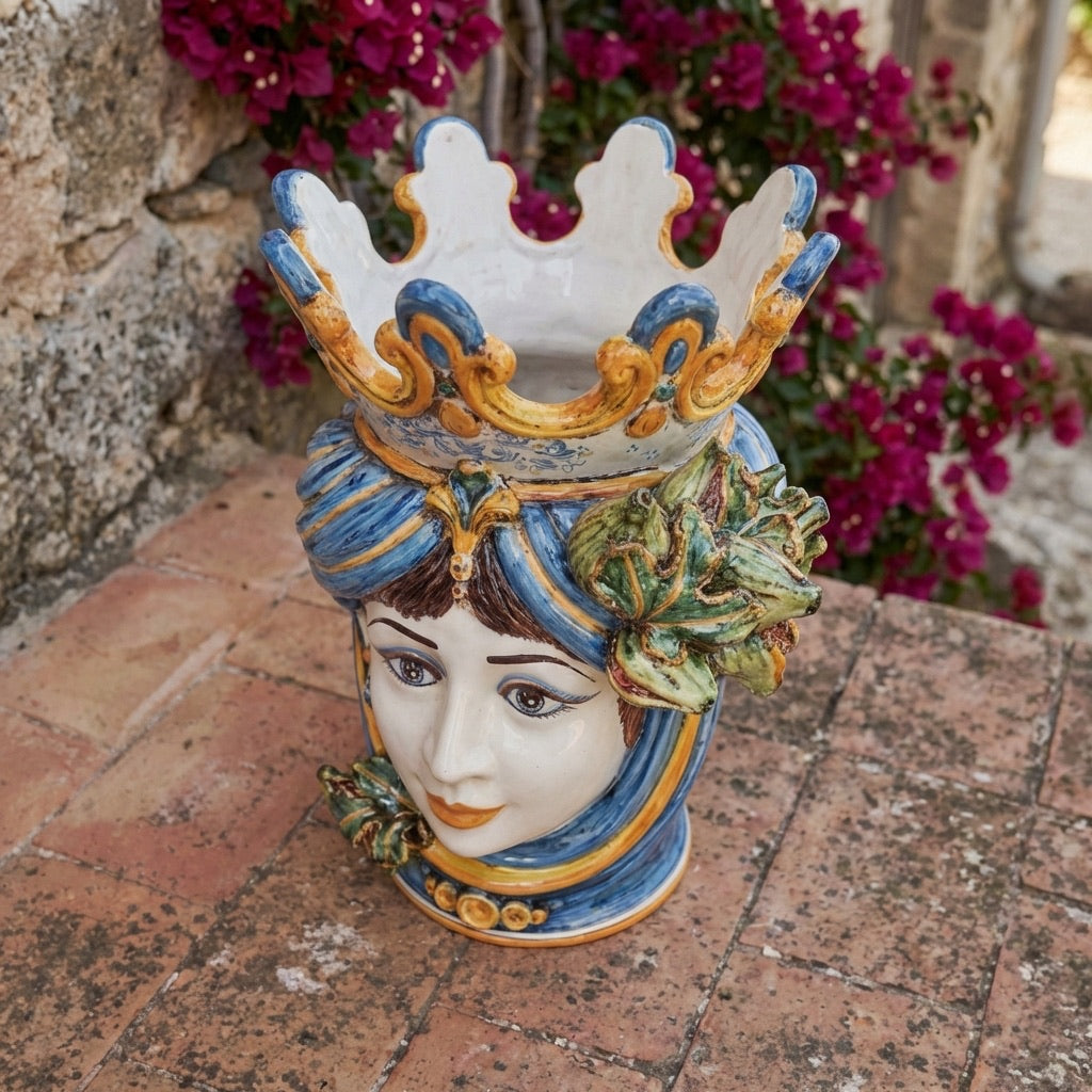 Testa di Moro con Fichi, Donna, Blu e Arancio, fico d'India in rilievo. Ceramiche Sofia, Caltagirone