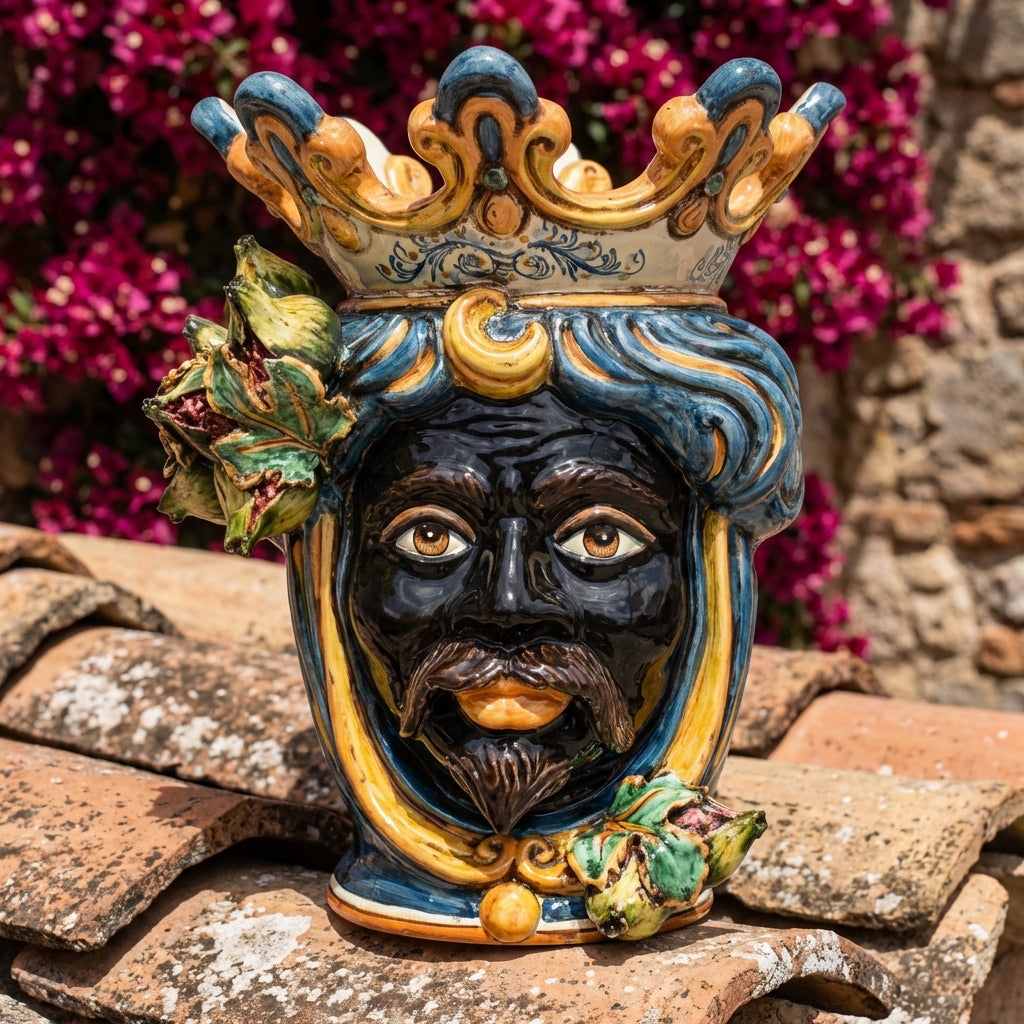Testa di Moro con Fichi d'India, Maschio Moro, Blu e Arancio. Ceramiche Sofia, Caltagirone