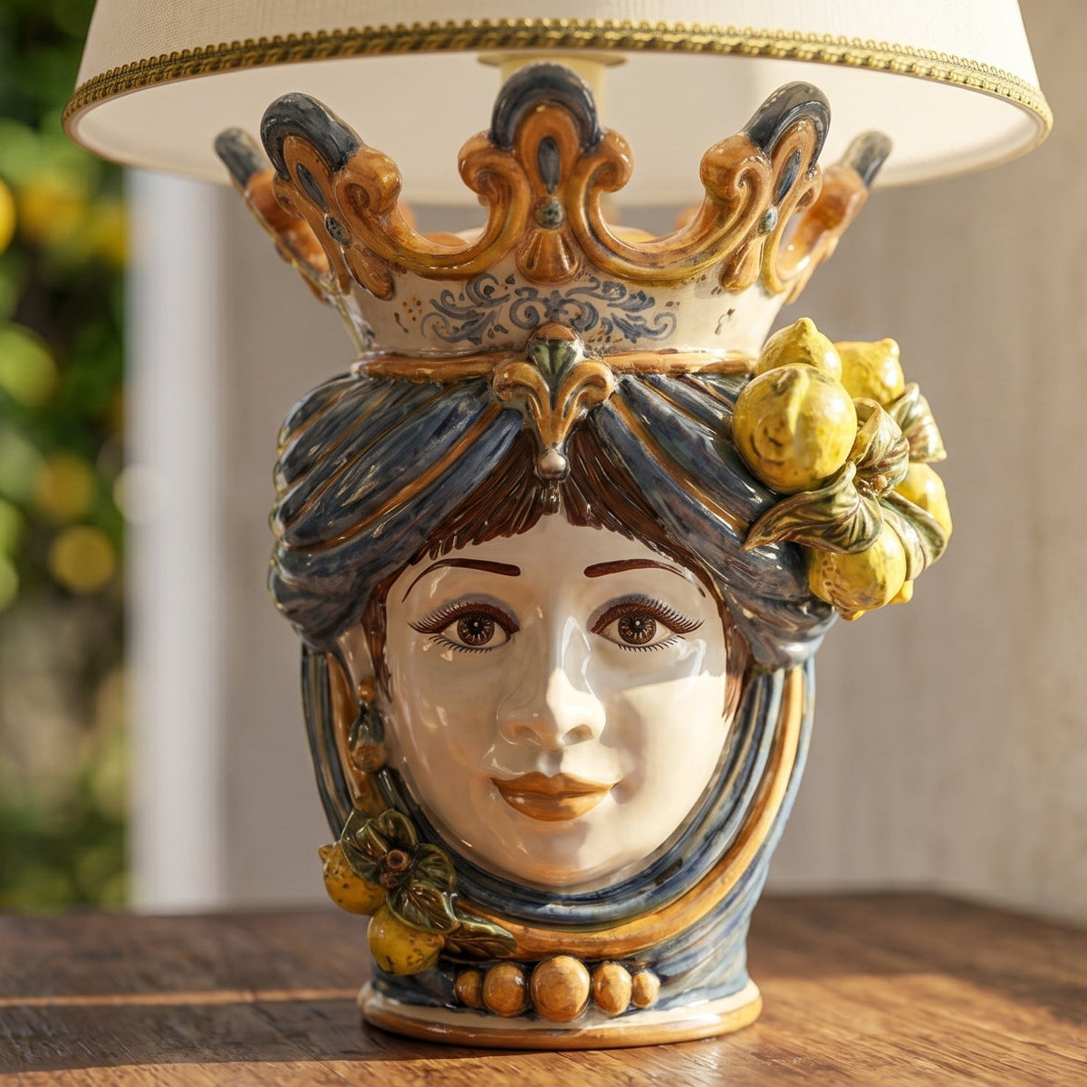 Lume a Testa con Limoni, Donna, Blu e Arancio. Ceramica siciliana di Caltagirone, Sofia