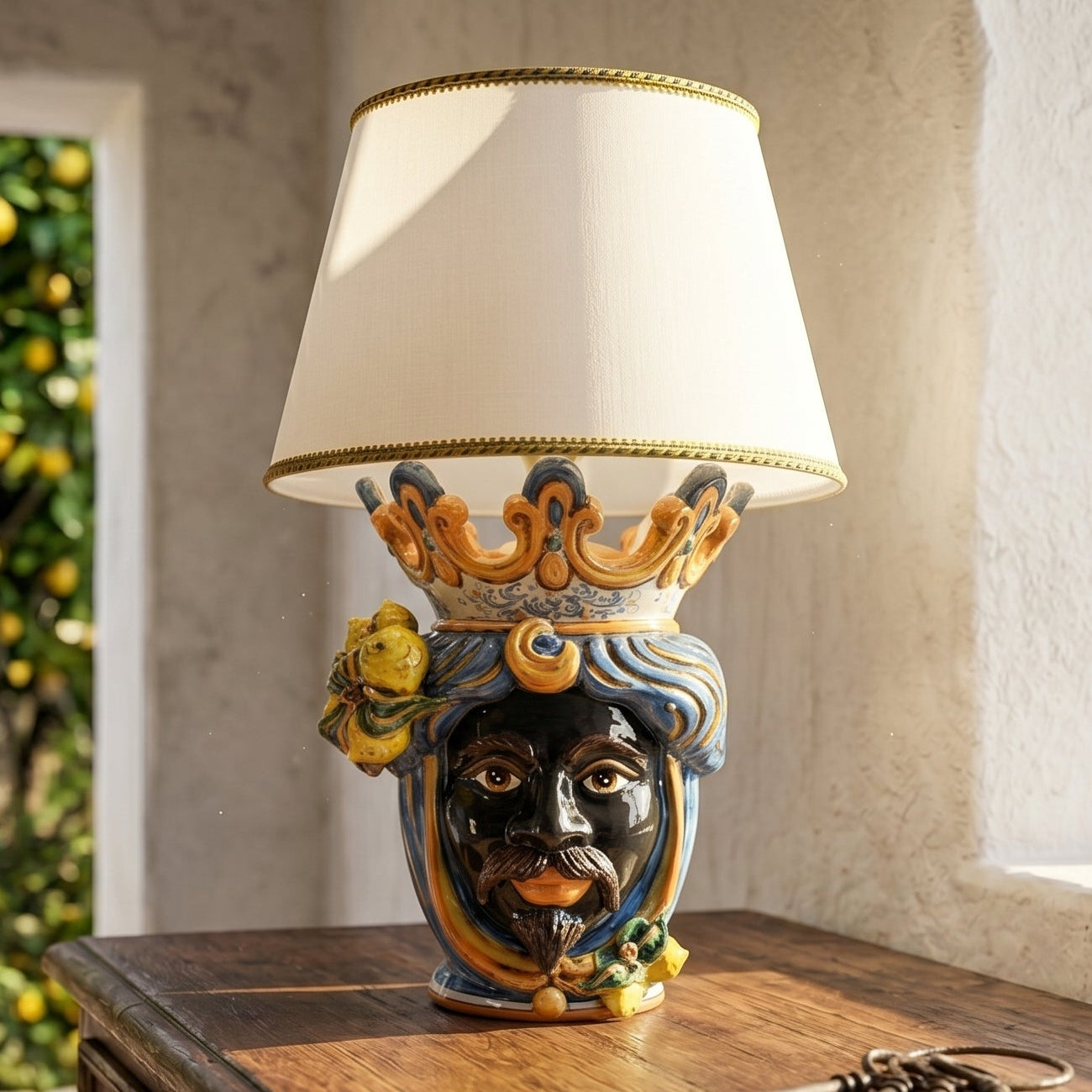 Lume a Testa con Limoni, Maschio Moro, Blu e Arancio. Ceramica siciliana di Caltagirone, Sofia