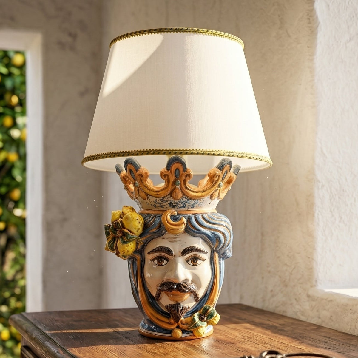 Lume a Testa con Limoni, Maschio Bianco, Blu e Arancio. Ceramiche Sofia, Caltagirone