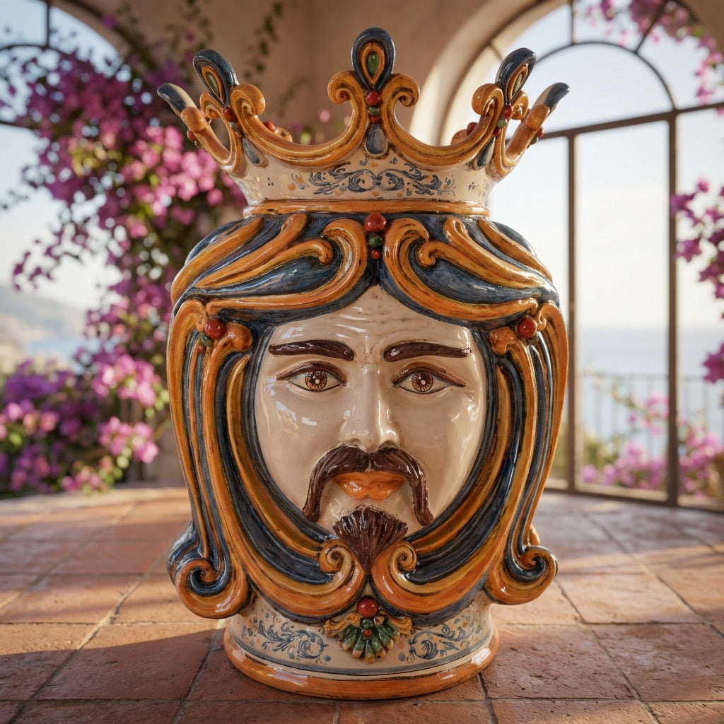 Testa di Moro, Maschio Bianco, Blu e Arancio. Ceramica siciliana di Caltagirone, Sofia