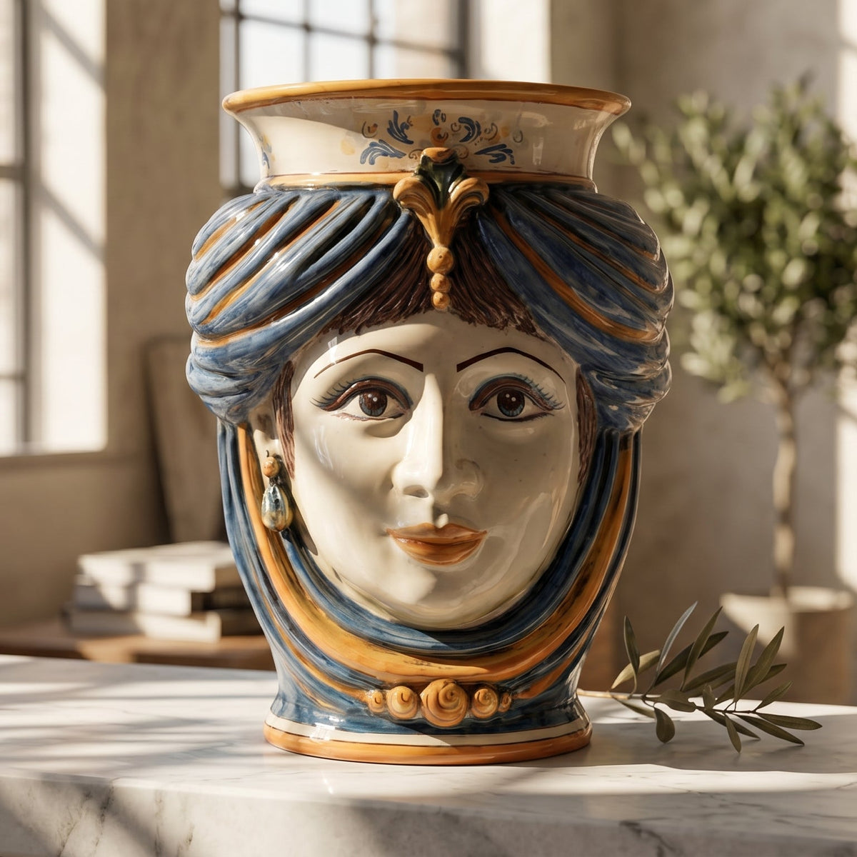 Testa di Moro con Corona, Donna, Blu e Arancio, volto. Ceramica siciliana di Caltagirone, Sofia