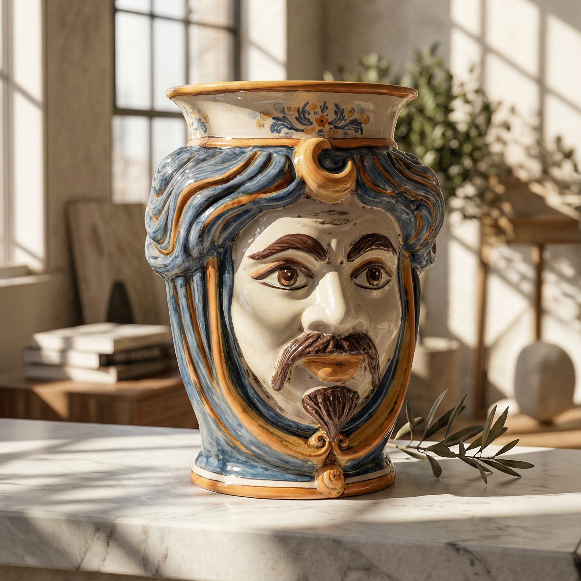 Testa di Moro con Corona, Maschio Bianco, Blu e Arancio, volto. Ceramica siciliana di Caltagirone, Sofia
