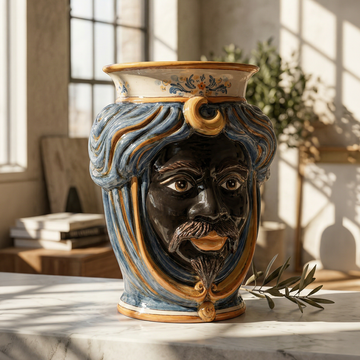 Testa di Moro con Corona, Maschio Moro, Blu e Arancio, volto. Ceramiche Sofia, Caltagirone