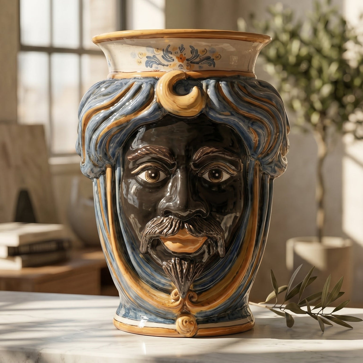 Testa di Moro con Corona, Maschio Moro, Blu e Arancio, volto. Ceramiche Sofia, Caltagirone