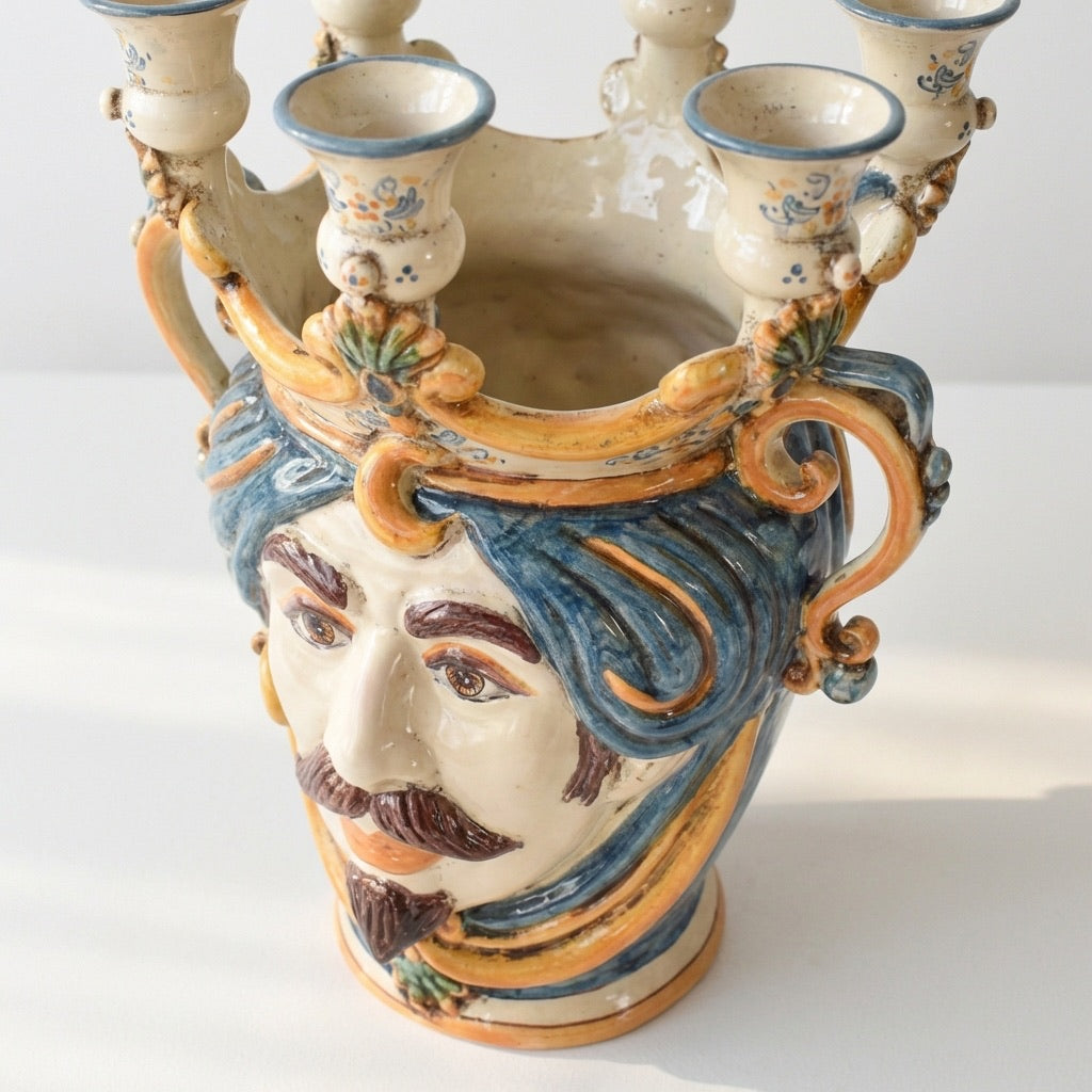 Testa di Moro a Candeliere, Maschio Bianco, Blu e Arancio. Ceramiche Sofia, Caltagirone