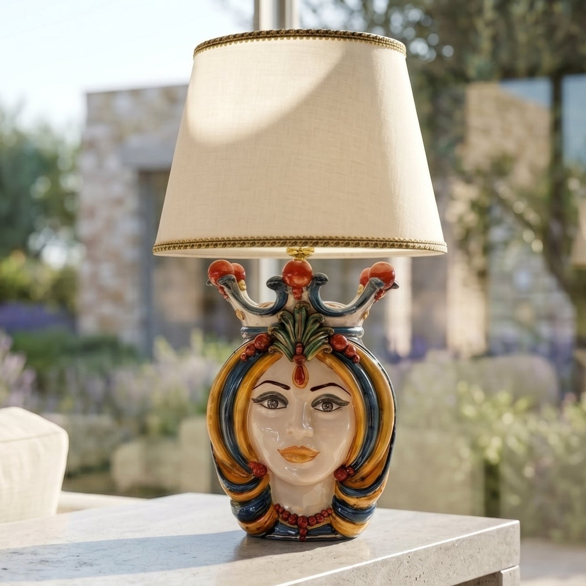 Lume a Testa, Femmina, Blu e Arancio. Ceramiche Sofia, Caltagirone